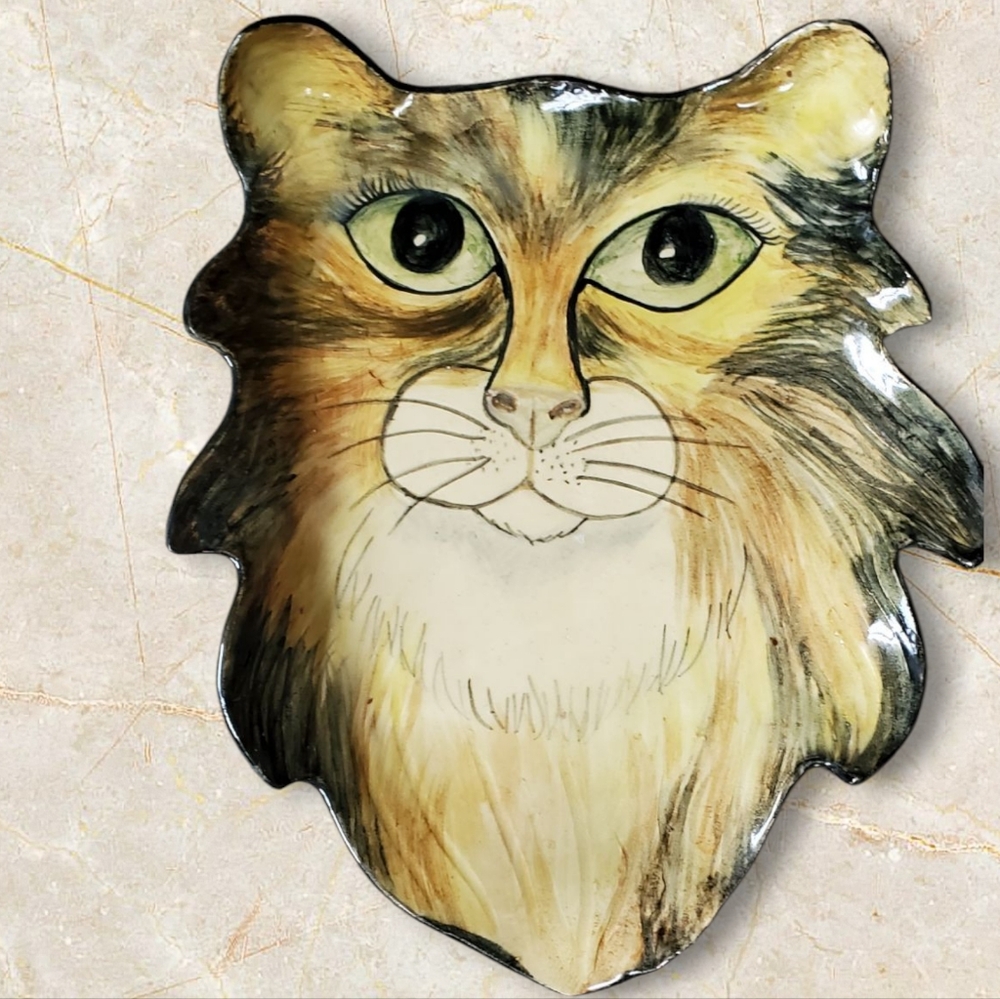 Vintage Pottery Cat Face Ceramic Wall Art / Cat Lover Decor Unique.